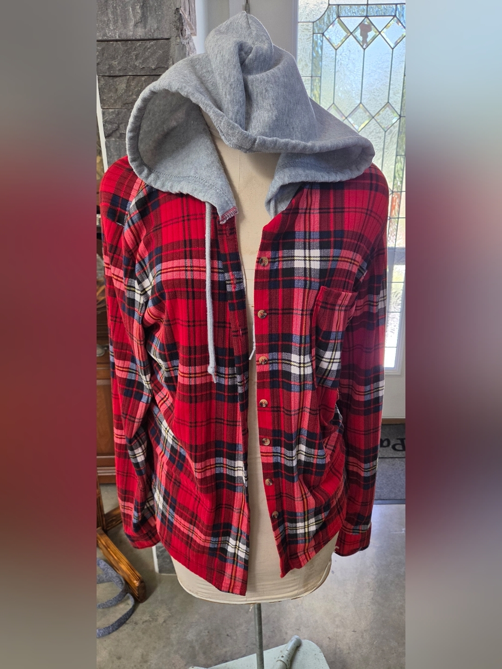 Faded Rose Plaid Hooded Shirt Jacket in Red & Gray Large